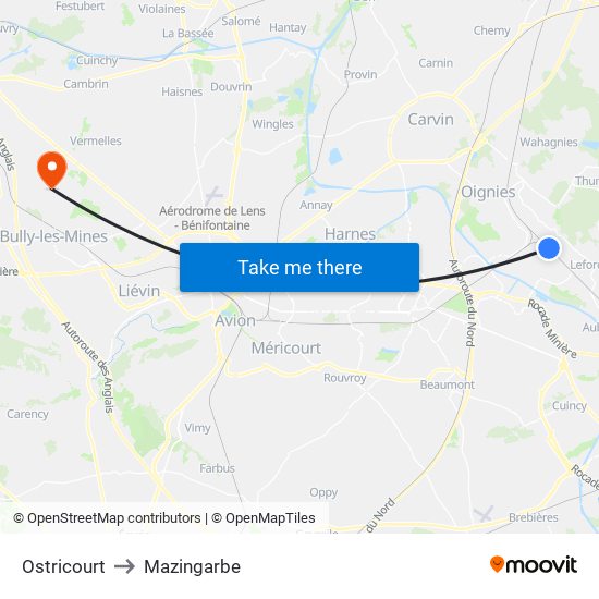 Ostricourt to Mazingarbe map