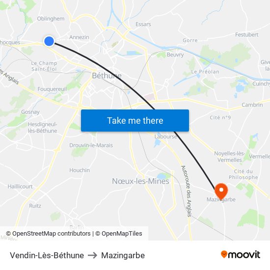 Vendin-Lès-Béthune to Mazingarbe map