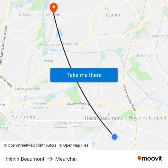 Hénin-Beaumont to Meurchin map
