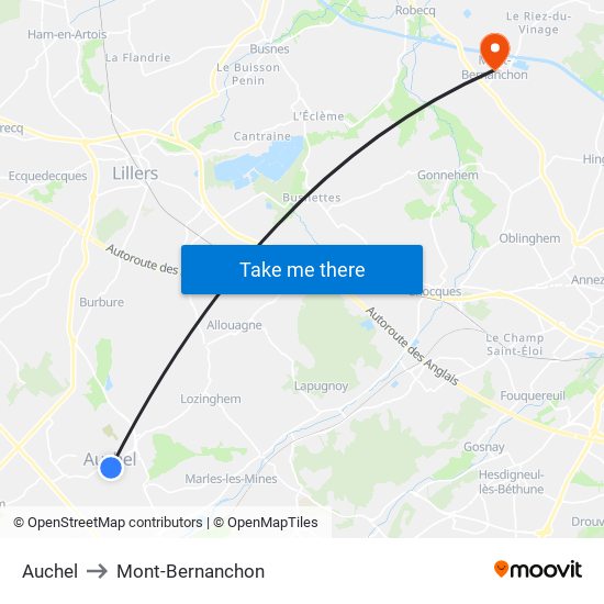 Auchel to Mont-Bernanchon map