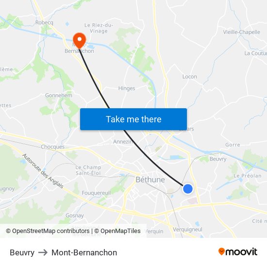 Beuvry to Mont-Bernanchon map