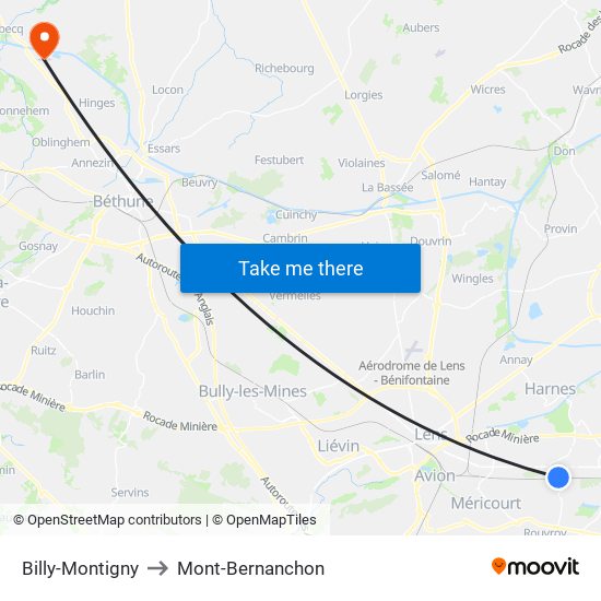 Billy-Montigny to Mont-Bernanchon map