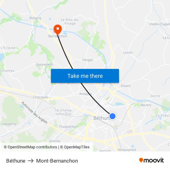 Béthune to Mont-Bernanchon map