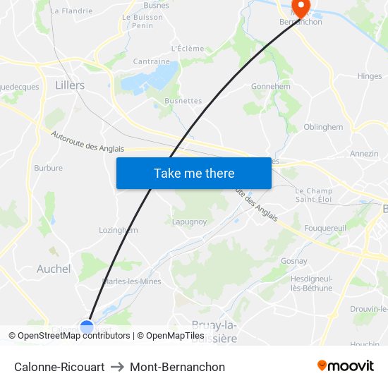 Calonne-Ricouart to Mont-Bernanchon map