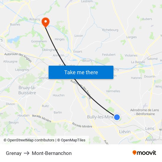 Grenay to Mont-Bernanchon map