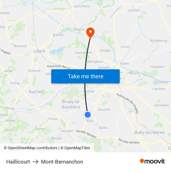 Haillicourt to Mont-Bernanchon map