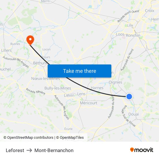 Leforest to Mont-Bernanchon map