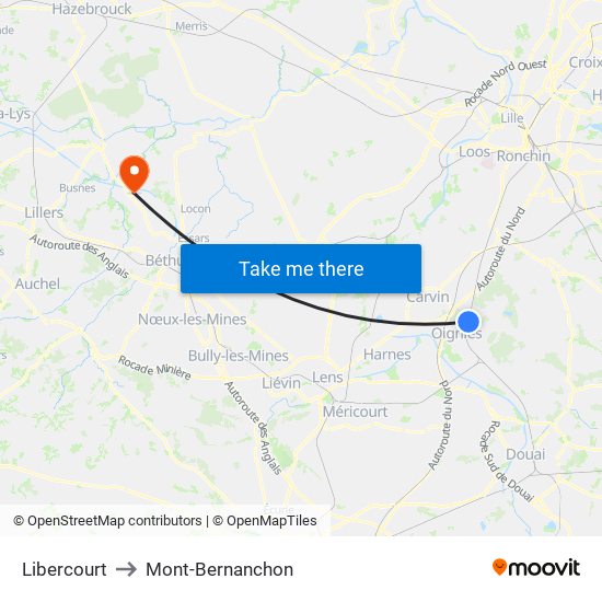 Libercourt to Mont-Bernanchon map