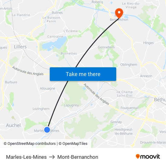 Marles-Les-Mines to Mont-Bernanchon map