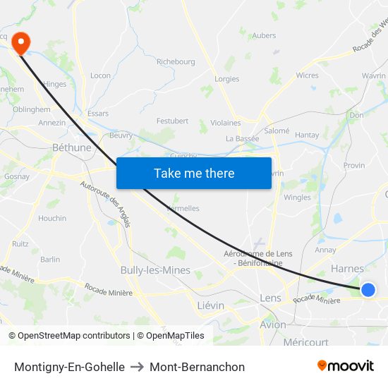 Montigny-En-Gohelle to Mont-Bernanchon map