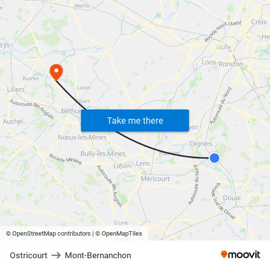 Ostricourt to Mont-Bernanchon map