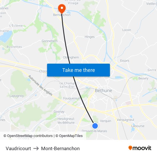 Vaudricourt to Mont-Bernanchon map