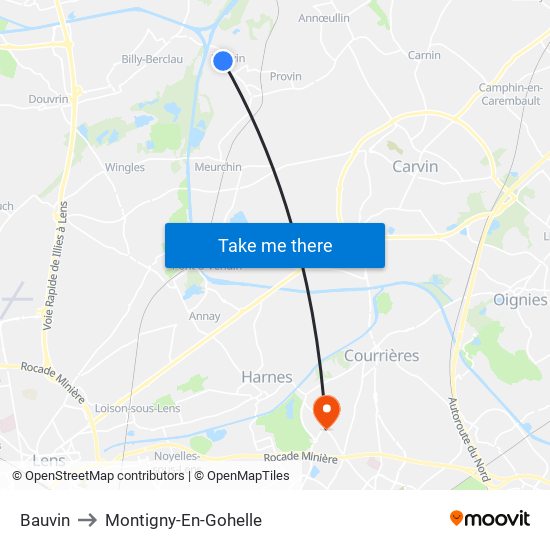 Bauvin to Montigny-En-Gohelle map