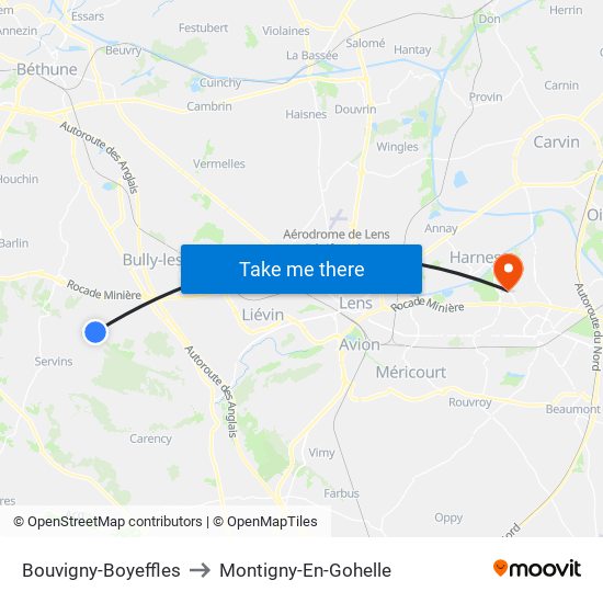 Bouvigny-Boyeffles to Montigny-En-Gohelle map