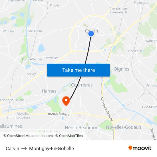 Carvin to Montigny-En-Gohelle map