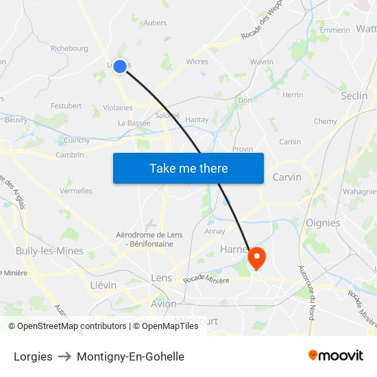 Lorgies to Montigny-En-Gohelle map