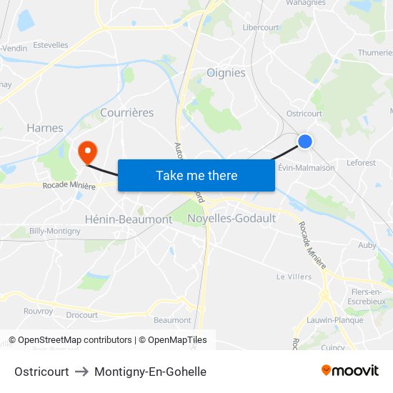 Ostricourt to Montigny-En-Gohelle map