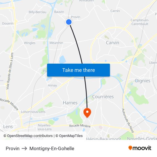 Provin to Montigny-En-Gohelle map