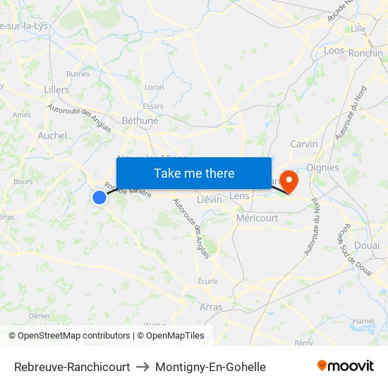 Rebreuve-Ranchicourt to Montigny-En-Gohelle map