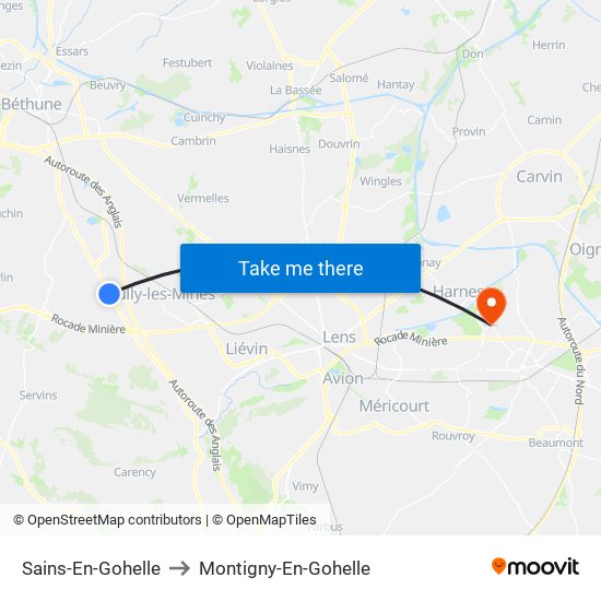 Sains-En-Gohelle to Montigny-En-Gohelle map