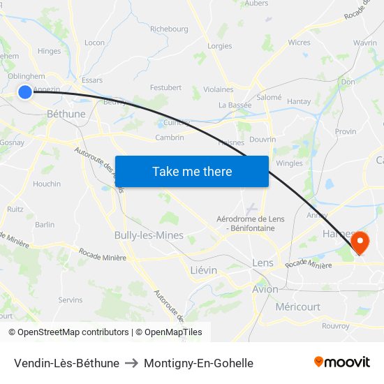 Vendin-Lès-Béthune to Montigny-En-Gohelle map