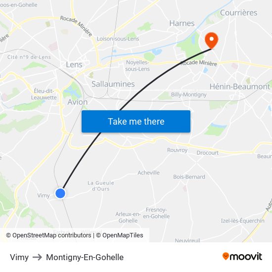 Vimy to Montigny-En-Gohelle map