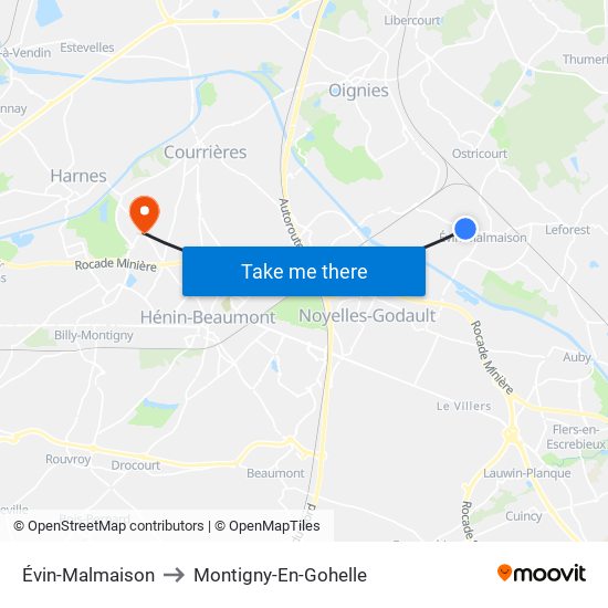 Évin-Malmaison to Montigny-En-Gohelle map