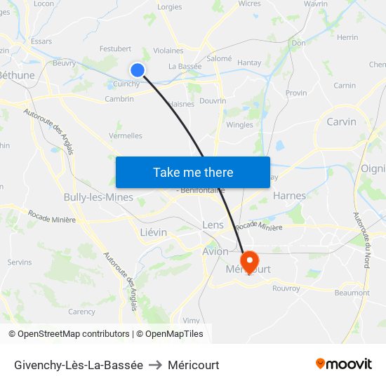 Givenchy-Lès-La-Bassée to Méricourt map