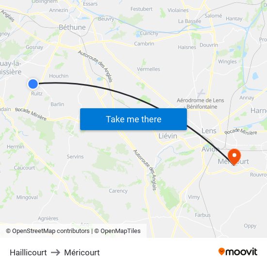 Haillicourt to Méricourt map