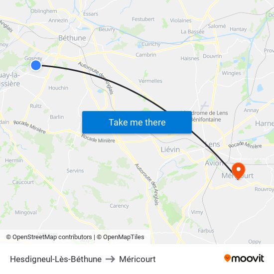 Hesdigneul-Lès-Béthune to Méricourt map