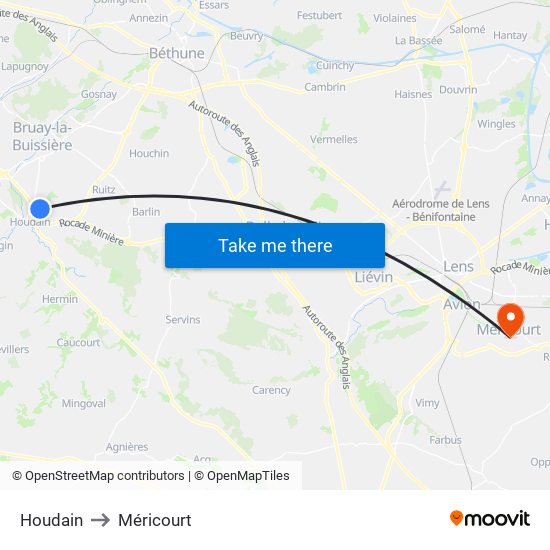 Houdain to Méricourt map