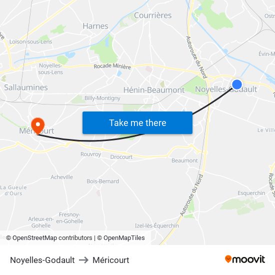 Noyelles-Godault to Méricourt map