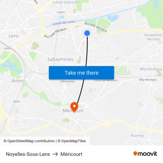 Noyelles-Sous-Lens to Méricourt map