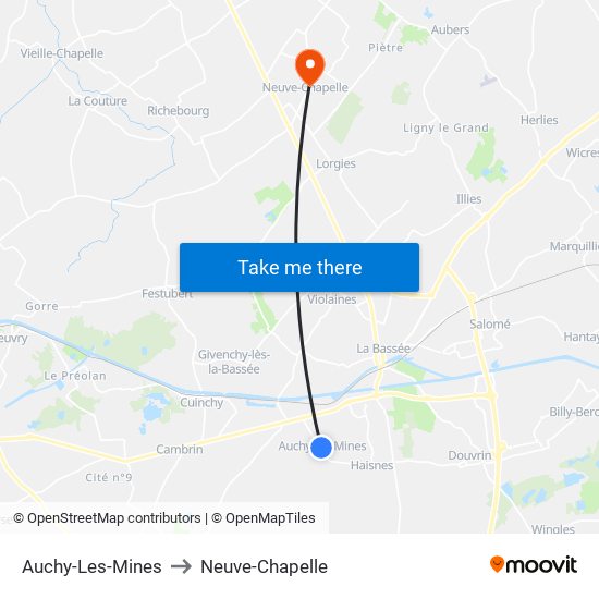 Auchy-Les-Mines to Neuve-Chapelle map