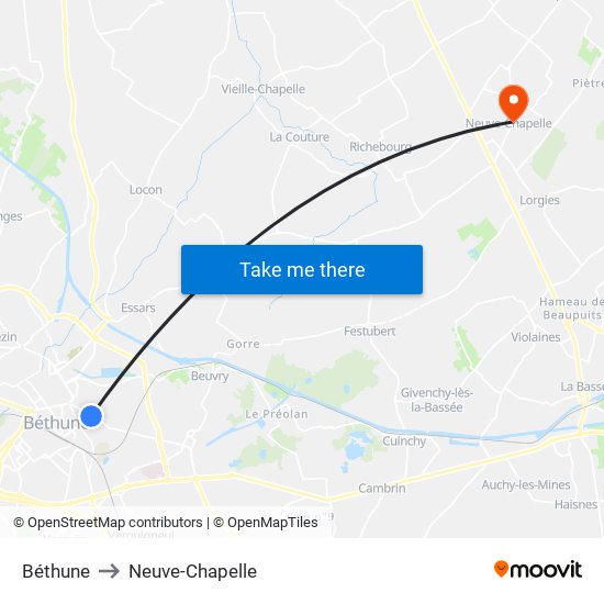 Béthune to Neuve-Chapelle map