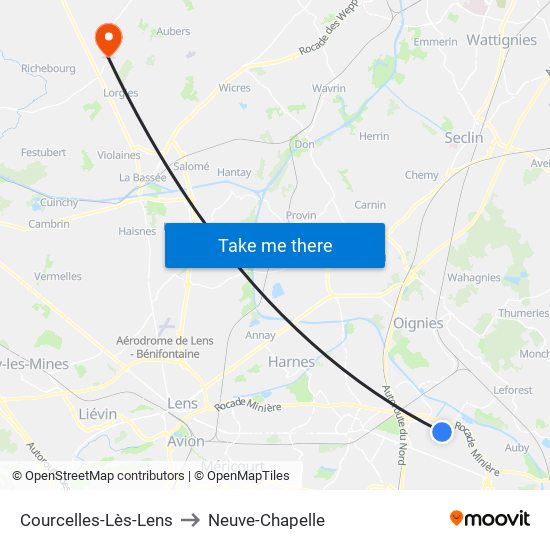 Courcelles-Lès-Lens to Neuve-Chapelle map