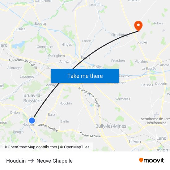 Houdain to Neuve-Chapelle map