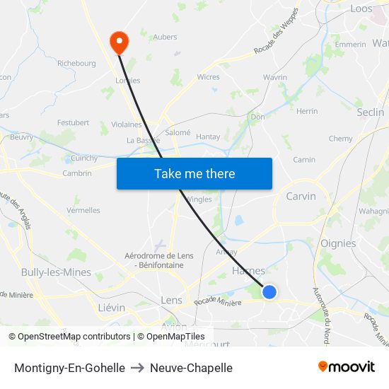 Montigny-En-Gohelle to Neuve-Chapelle map