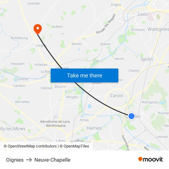 Oignies to Neuve-Chapelle map