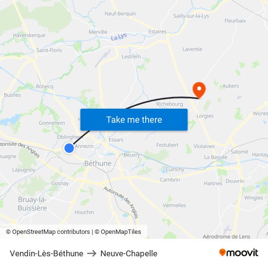 Vendin-Lès-Béthune to Neuve-Chapelle map