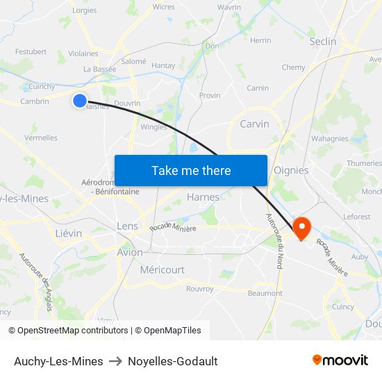 Auchy-Les-Mines to Noyelles-Godault map