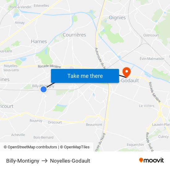 Billy-Montigny to Noyelles-Godault map
