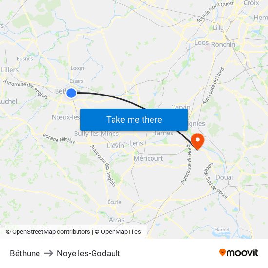 Béthune to Noyelles-Godault map