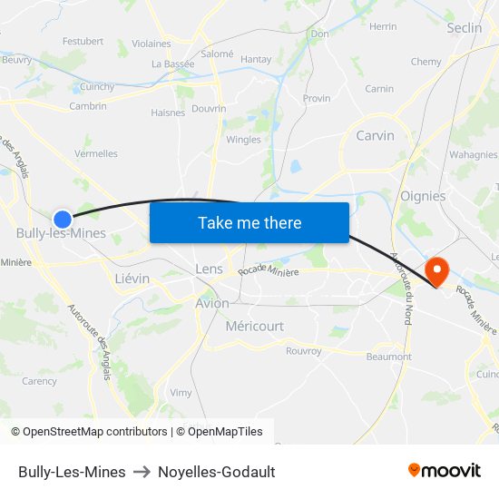 Bully-Les-Mines to Noyelles-Godault map