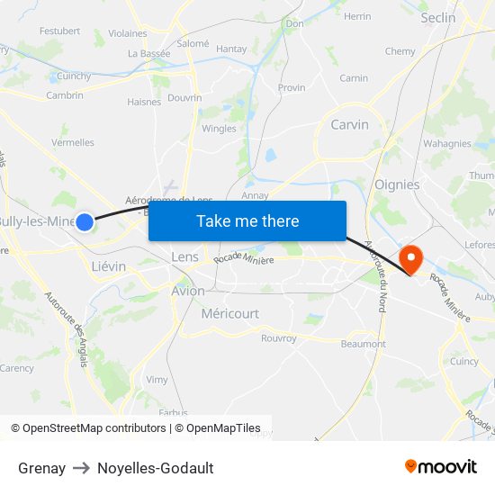 Grenay to Noyelles-Godault map