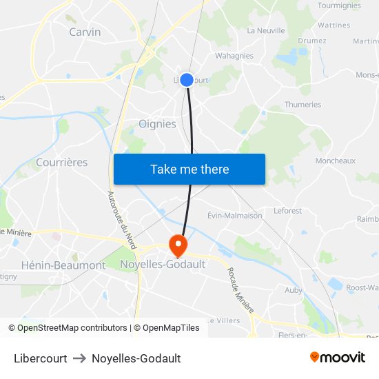 Libercourt to Noyelles-Godault map