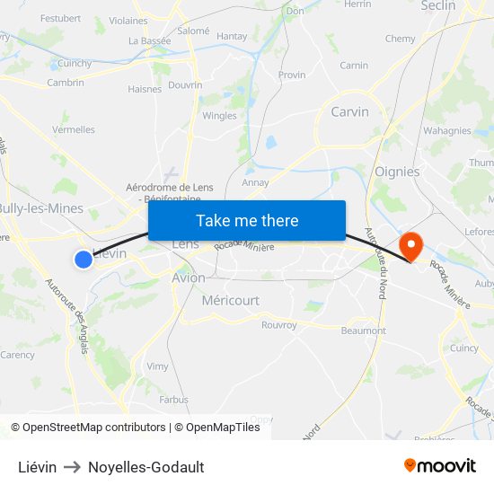 Liévin to Noyelles-Godault map