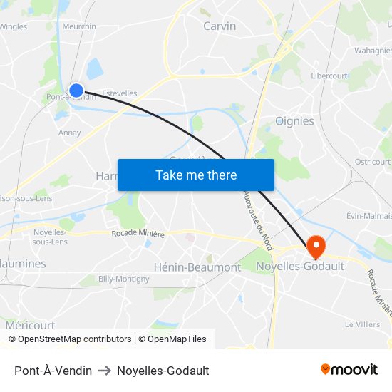 Pont-À-Vendin to Noyelles-Godault map