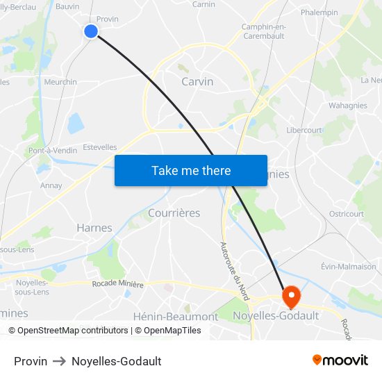 Provin to Noyelles-Godault map