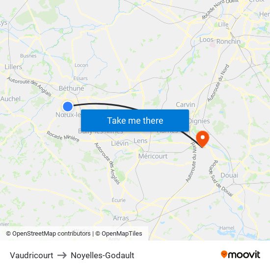 Vaudricourt to Noyelles-Godault map